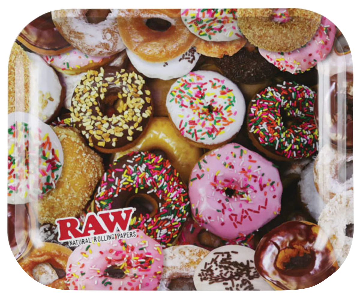 RAW "Donuts" Large Metal Rolling Tray with Assorted Donut Design - Top View