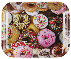 RAW "Donuts" Large Metal Rolling Tray with Assorted Donut Design - Top View