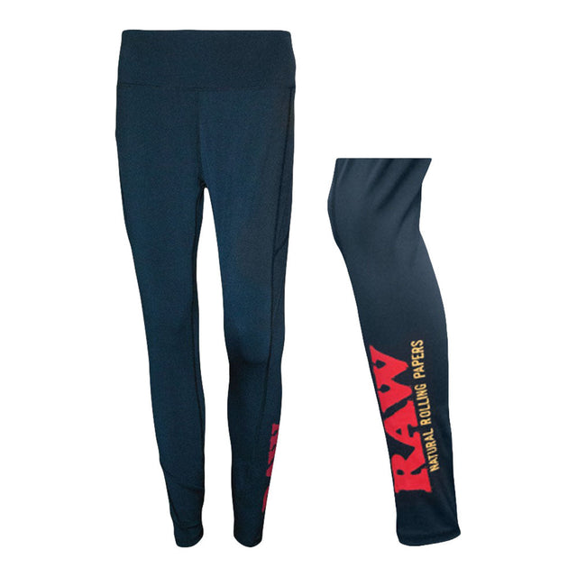 RAW High Waisted Black Leggings with Red Logo on Side - Front and Side Views