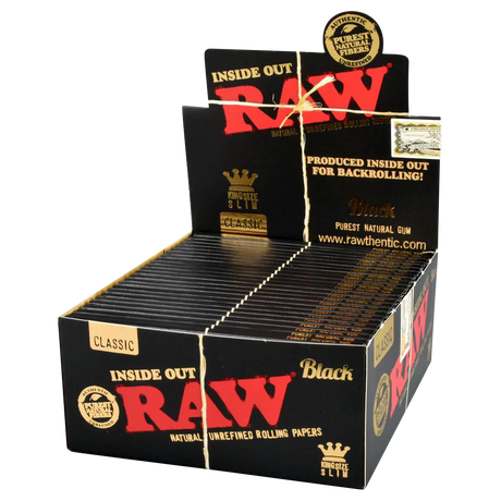 RAW Kingsize Slim Black Hemp Rolling Papers 50 Pack, front view on display