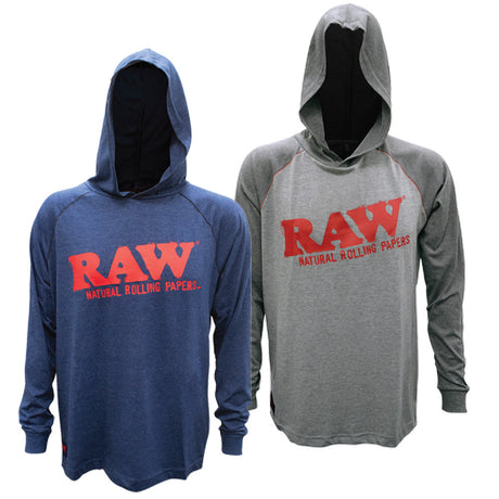 RAW Lightweight Hoodie Shirts in Blue and Grey, Front View with Hood, Cotton Material