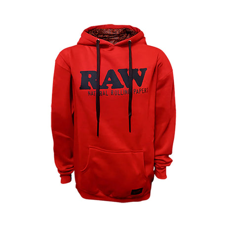 RAW Logo Red Hoodie with Stash Pocket - Front View on White Background