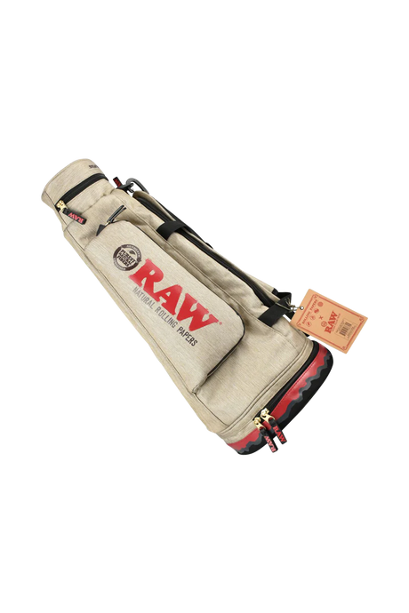RAW branded multi-compartment cone duffel bag with logo, side view on white background