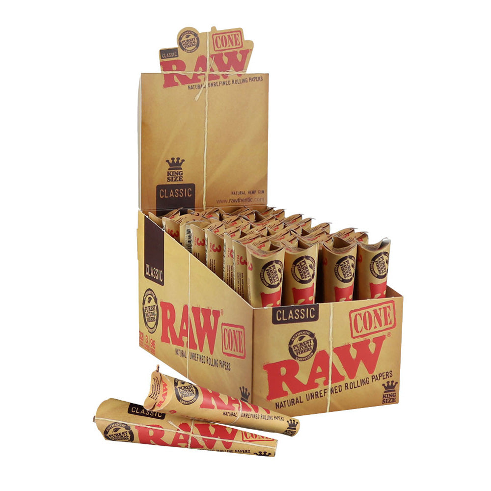 RAW Natural 1 1/4" Unrefined Pre Rolled Cones 32 Pack displayed in open box