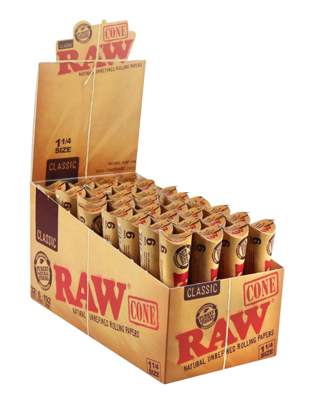 RAW Natural 1 1/4" Pre Rolled Hemp Cones 32 Pack angled view on seamless background