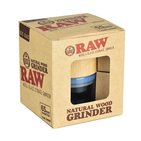 RAW Natural Wood Grinder in box, front view, showcasing the eco-friendly wooden design
