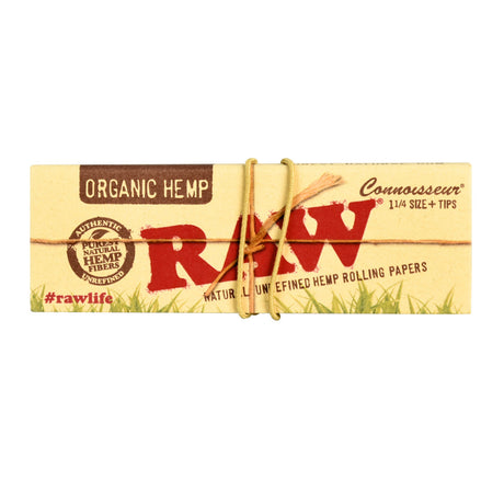RAW Organic Hemp 1-1/4 Connoisseur Rolling Papers Pack Front View with Elastic Band