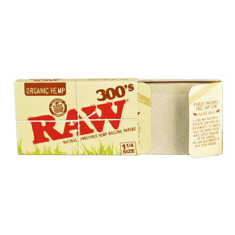 RAW Organic Hemp 300's 1-1/4 Size Rolling Papers Display Box Open Front View