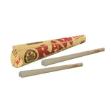 RAW Organic Hemp Kingsize Cones 32 Pack, two prerolled cones displayed in front of the package