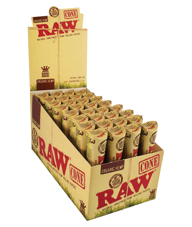RAW Organic Hemp Prerolled Kingsize Cones 32 Pack displayed in open box