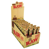 RAW Organic Hemp 1 1/4" Prerolled Cones 32 Pack displayed in open box