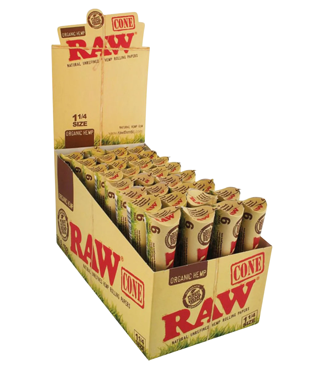 RAW Organic Hemp 1 1/4" Pre-rolled Cones 32 Pack Display Box Front View
