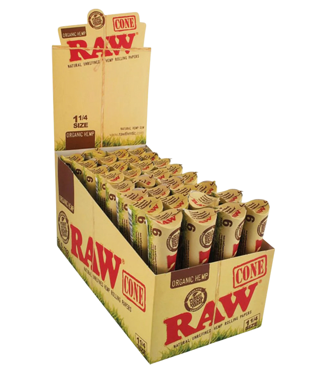 RAW Organic Hemp 1 1/4" Pre-rolled Cones 32 Pack Display Box Front View