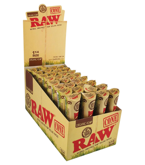 RAW Organic Hemp 1 1/4" Pre-rolled Cones 32 Pack Display Box Front View