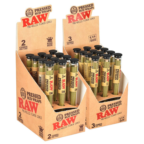RAW Pressed Bud Wrap Cones display with 12 hemp rolling papers in tubes