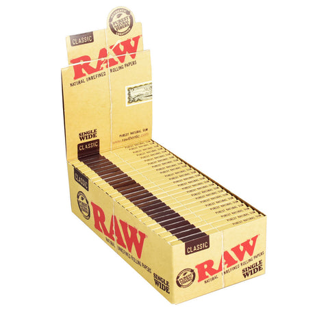 RAW Single Wide Hemp Rolling Papers, 25 Pack Display Box Opened Front View