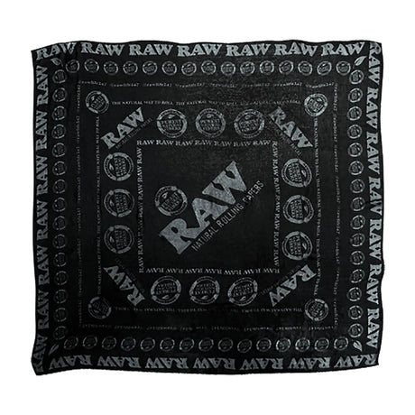 RAW Black Ultra Soft Vegan Fashion Scarf laid flat, showcasing logo pattern design, 46" x 46" size