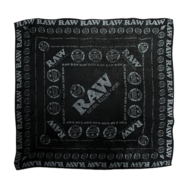 RAW Black Ultra Soft Vegan Fashion Scarf laid flat, showcasing logo pattern design, 46" x 46" size