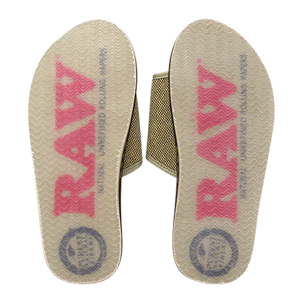 RAW X Rolling Papers branded flip-flops, beige sole with pink pattern, top view