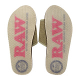 RAW X Rolling Papers branded flip-flops, beige sole with pink pattern, top view