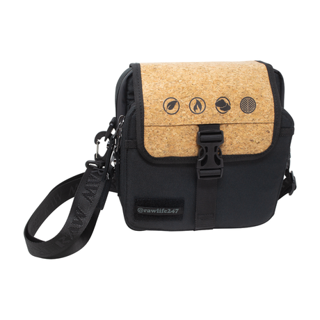 RAW Smell-Proof Black Sling Bag with Cork Detailing & Front View on White Background