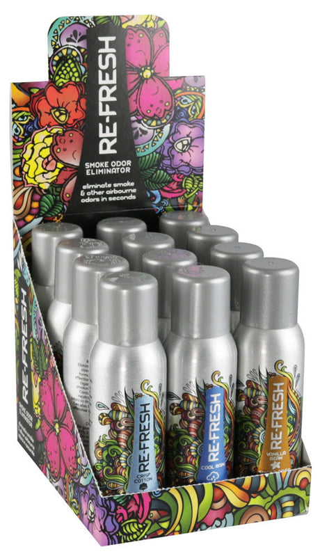 Re-Fresh Smoke Eliminator 4oz bottles in assorted colors, displayed in a 12pc compact counter box