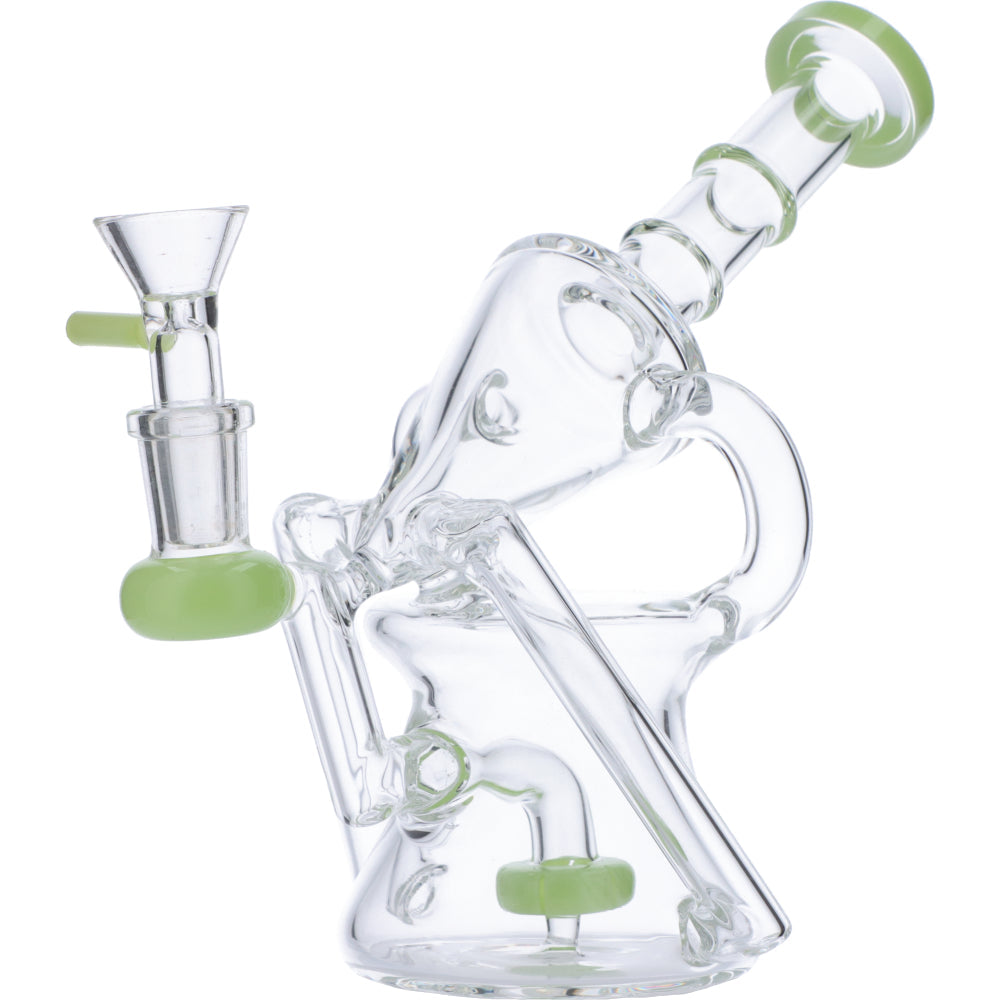 Valiant Distribution Recycler Funnel Water Pipe in Green, 7" Side View for Smooth Dabs