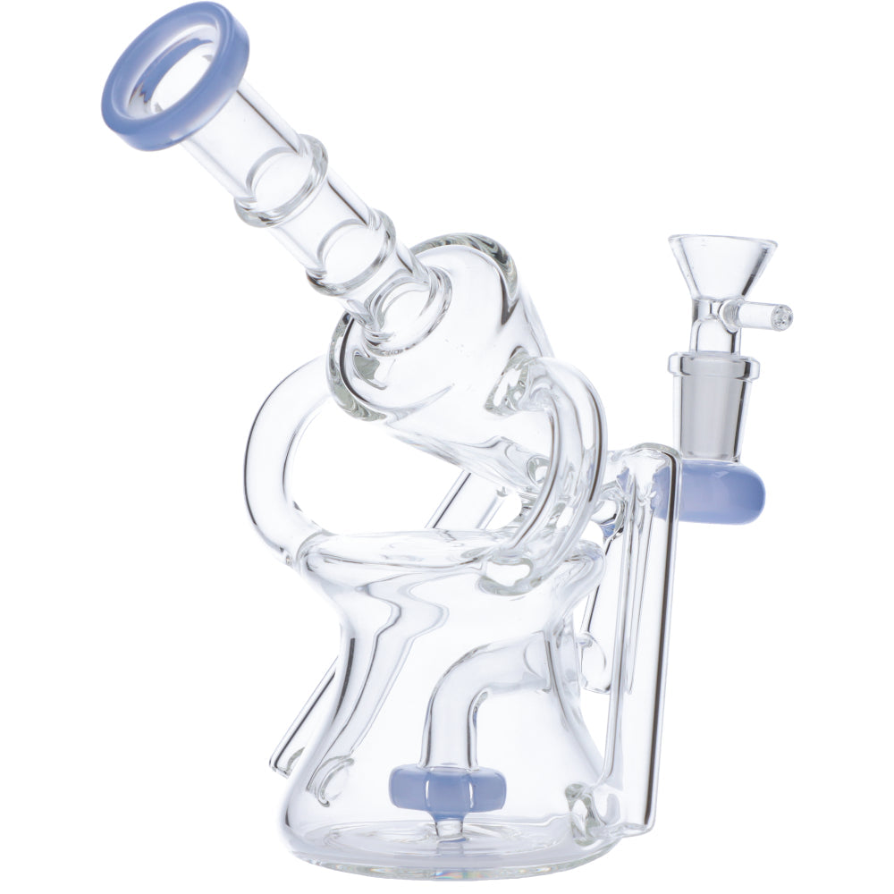 Valiant Distribution Recycler Funnel Water Pipe in Clear with Blue Accents, Side View