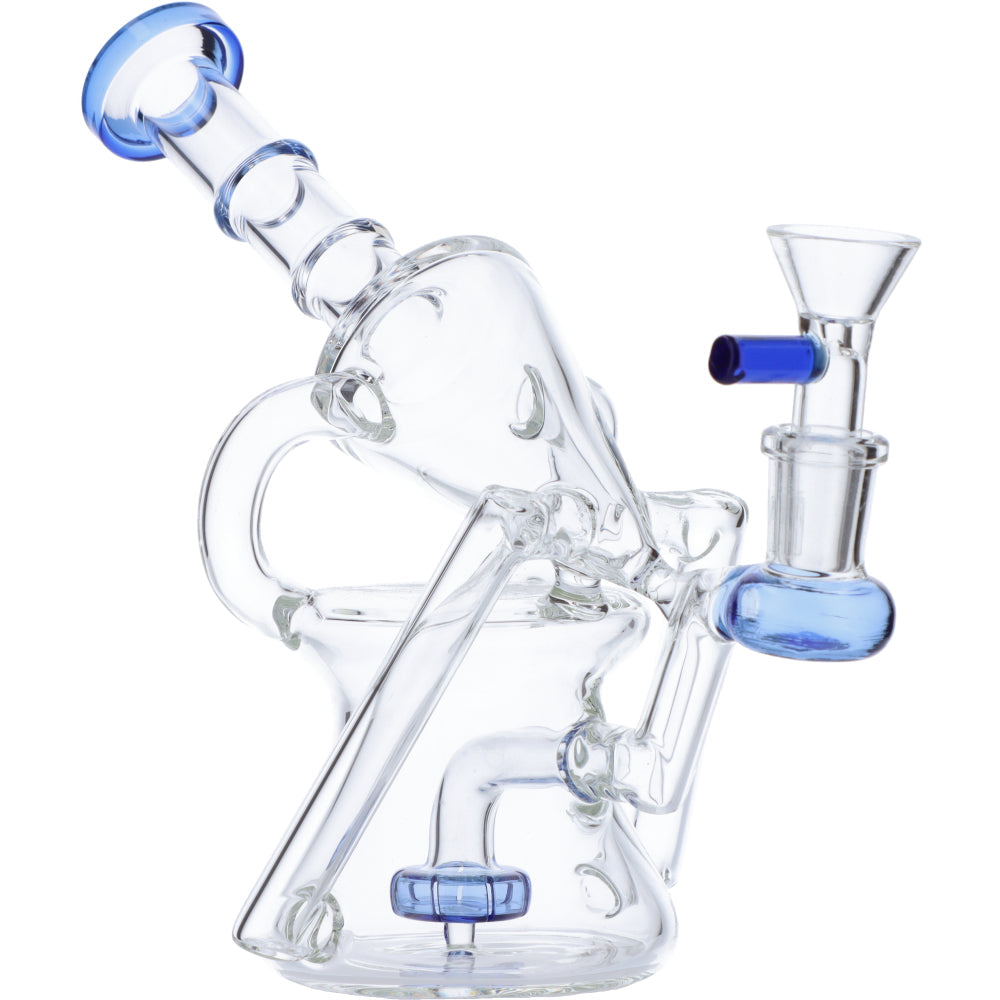 Valiant Distribution Recycler Funnel Water Pipe with blue accents and sidecar design for smooth dabs, front view.