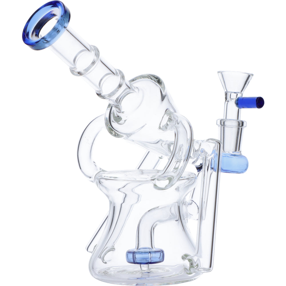 Valiant Distribution Recycler Funnel Water Pipe with blue accents, side view for smooth dabs