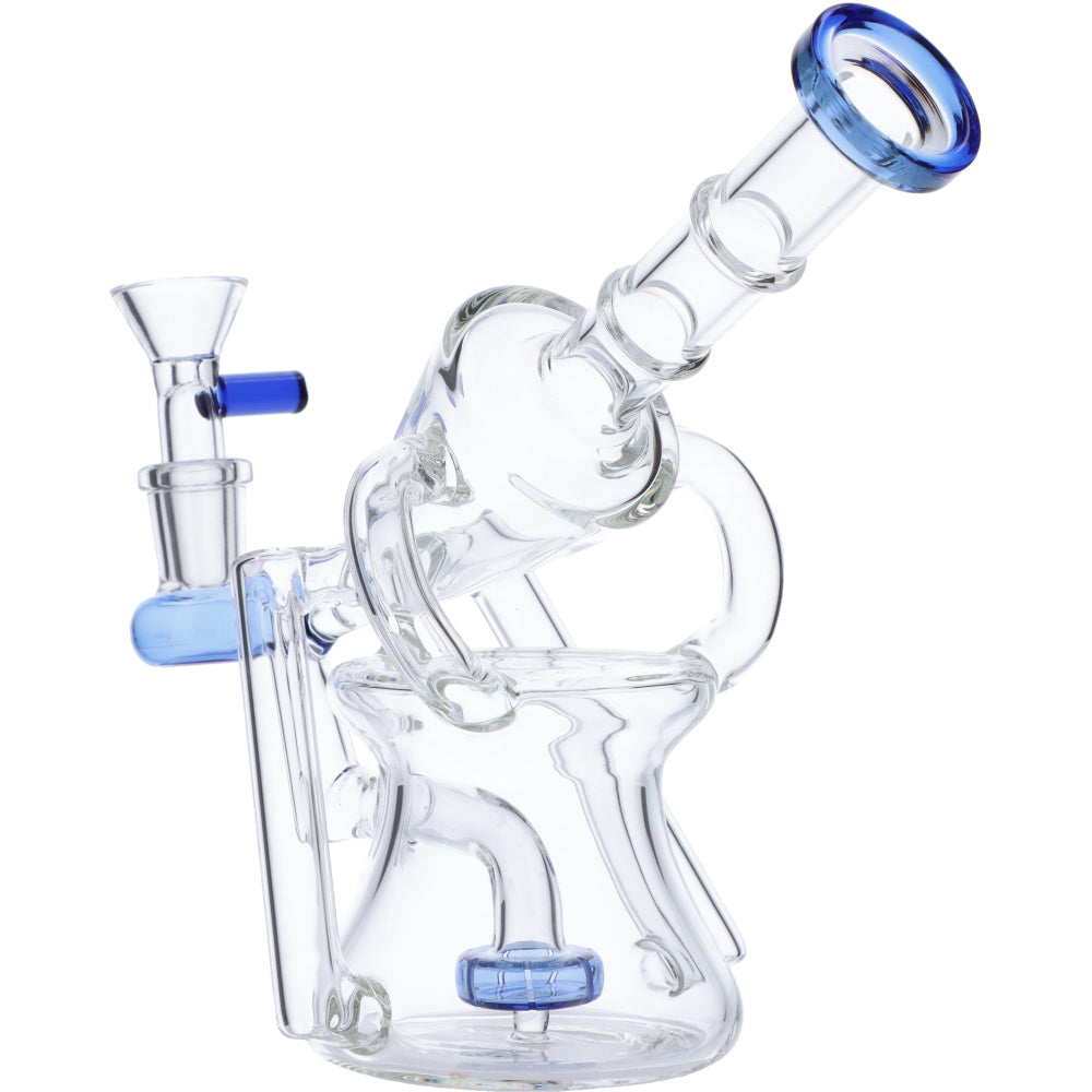 Valiant Distribution Recycler Funnel Water Pipe with blue accents, glass on glass joint, and percolator for smooth dabs, side view.