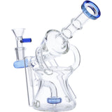 Valiant Distribution Recycler Funnel Water Pipe with blue accents, glass on glass joint, and percolator for smooth dabs, side view.