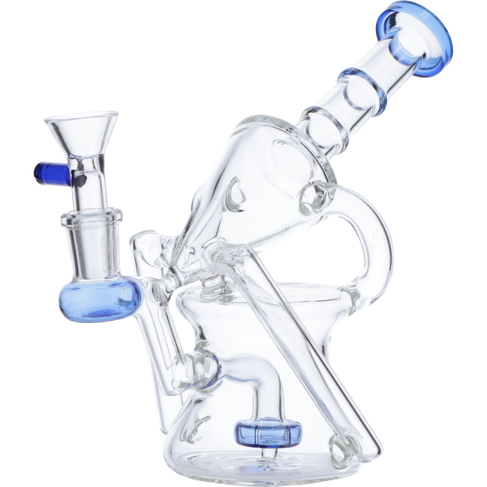 Valiant Distribution Recycler Funnel Water Pipe in Clear with Blue Accents - Front Angle View