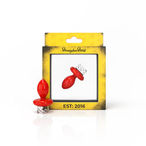 Honeybee Herb Red Balloon Top Vortex Carb Cap for Dab Rigs, Front View on Packaging