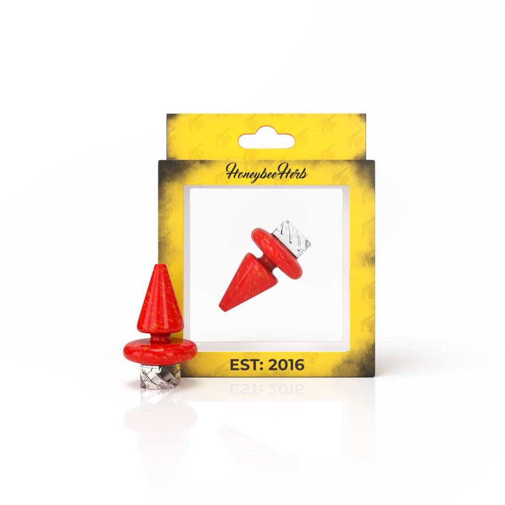 Honeybee Herb Triangle Spinner Carb Cap in Red for Dab Rigs, Front View on Display Card
