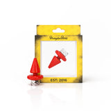 Honeybee Herb Triangle Spinner Carb Cap in Red for Dab Rigs, Front View on Display Card