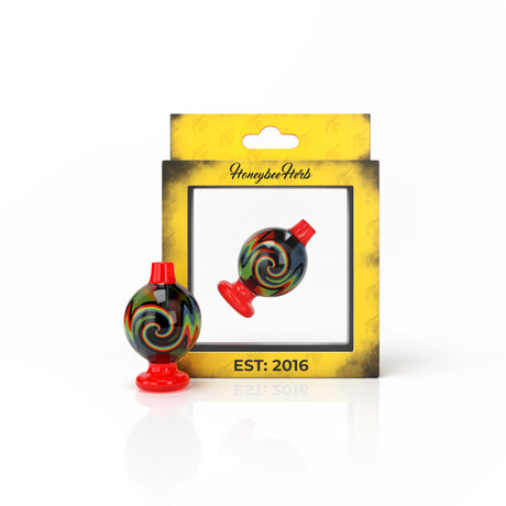 Honeybee Herb INFERNO BUBBLE CARB CAP in red, for dab rigs, on branded packaging