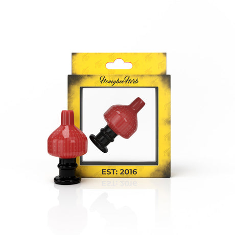 Honeybee Herb Sweet Bubble Carb Cap in Red for Dab Rigs, 25mm Glass, Front View on Packaging