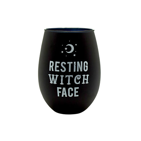 16oz Stemless Wine Glass with 'Resting Witch Face' Print - Front View on White Background