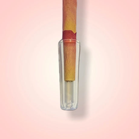 CaliGreenGold Reusable Glass Tip Mouthpiece for Rolling Papers, Front View on Pink