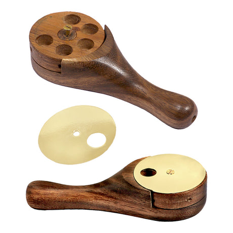 Revolving 5 Hitter Wood Pipe with open brass lid and separate lid view, compact design for dry herbs