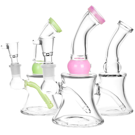 Compact Ring My Bell Mini Glass Water Pipes in various colors, 90 degree joint, for dry herbs