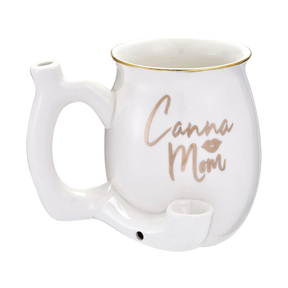 Roast & Toast "Canna Mom" white ceramic pipe mug with gold accents, front view