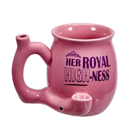 Pink Roast & Toast Ceramic Pipe Mug with 'Her Royal High-Ness' print, front view, for dry herbs