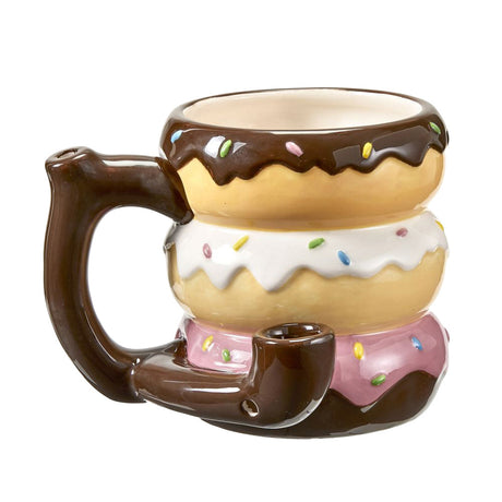 Roast & Toast Ceramic Smokable Mug Pipe designed like stacked donuts, front view on white background