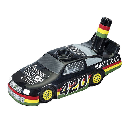 Roast & Toast Race Car Ceramic Pipe in Black with Rasta Colors, 7" Novelty Dry Herb Hand Pipe
