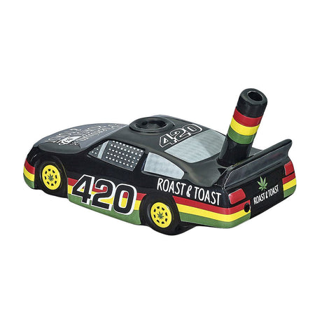Roast & Toast Race Car Ceramic Pipe in Black with Rasta Accents, Side View