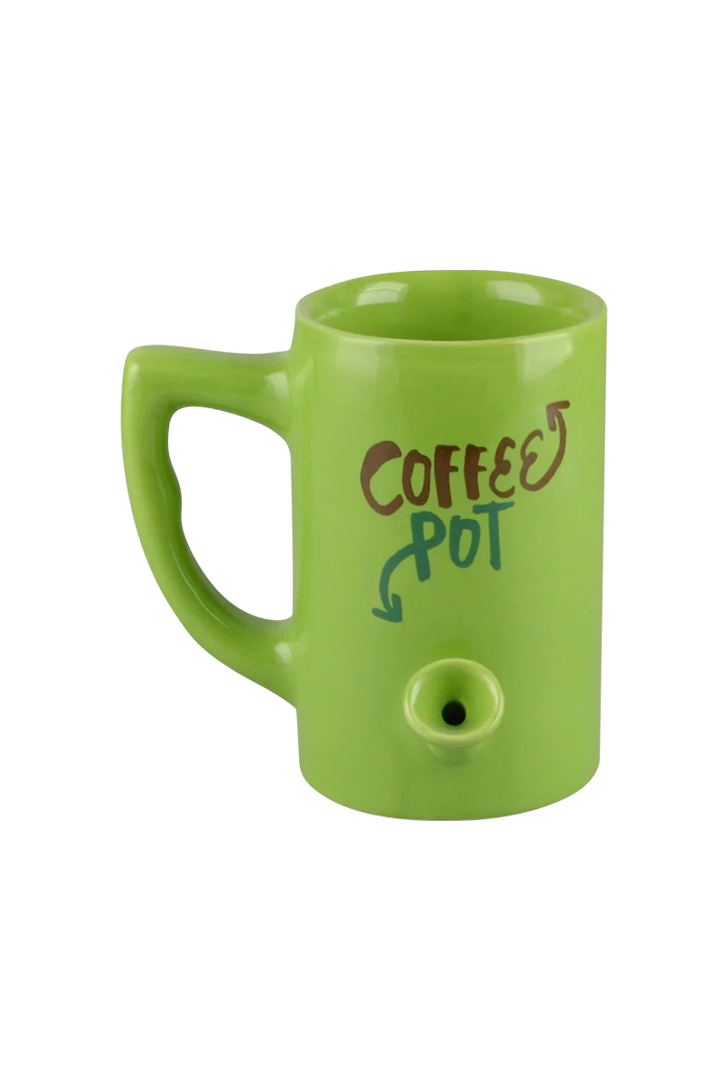 Roast & Toast Ceramic Wake & Bake Mug Pipe in Green with Coffee Pot Design - Front View