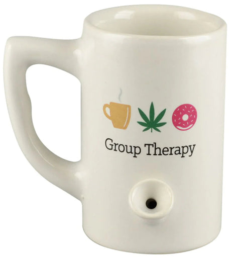 Roast & Toast Ceramic Mug Pipe in White with 'Group Therapy' Design - Front View