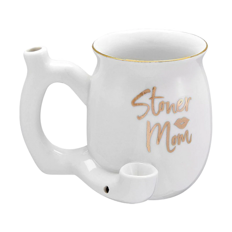 Roast & Toast "Stoner Mom" white ceramic pipe mug, 10.5 oz, angled front view
